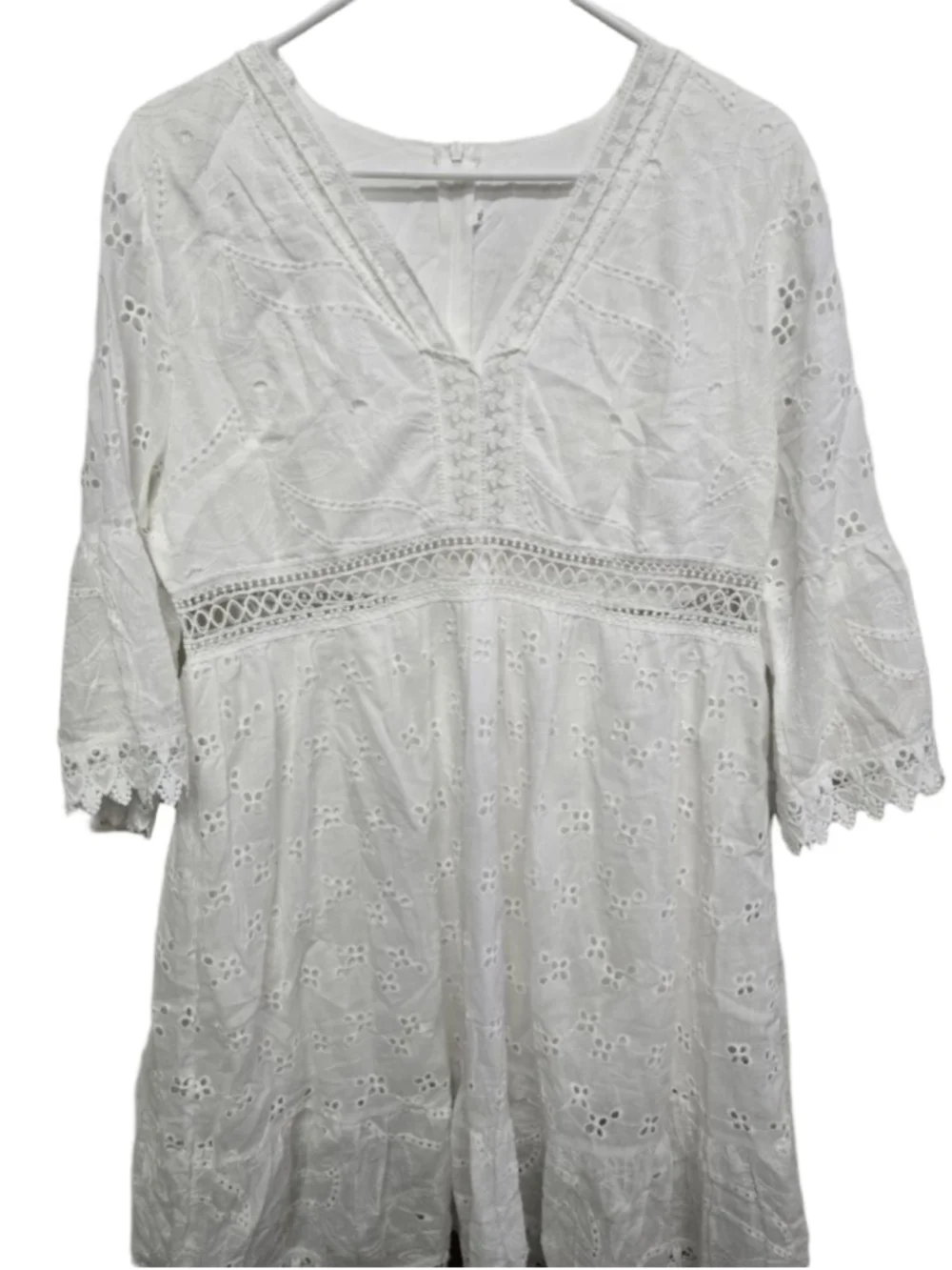 Women's Boho Dress White Eyelet Mini Dress XL